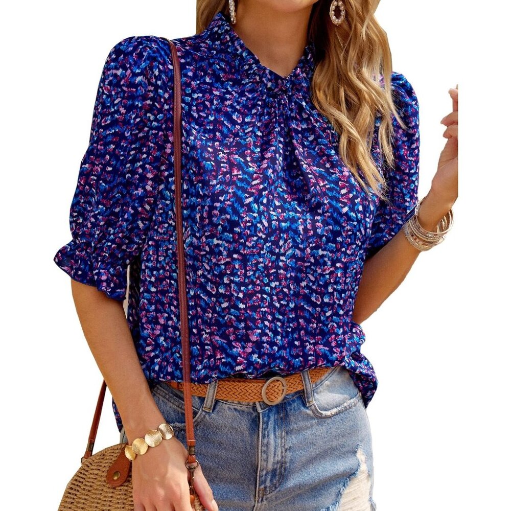 Women's Summer Shirt Top Short Sleeve Frill Trim Mock Neck Floral Purple Blue